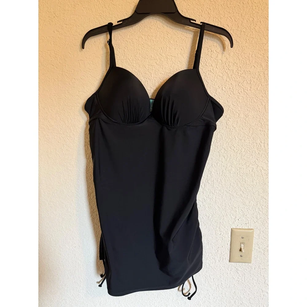 Love Your Assets Spanx Black Ruched Tankini Top Underwire XL beach vacation
